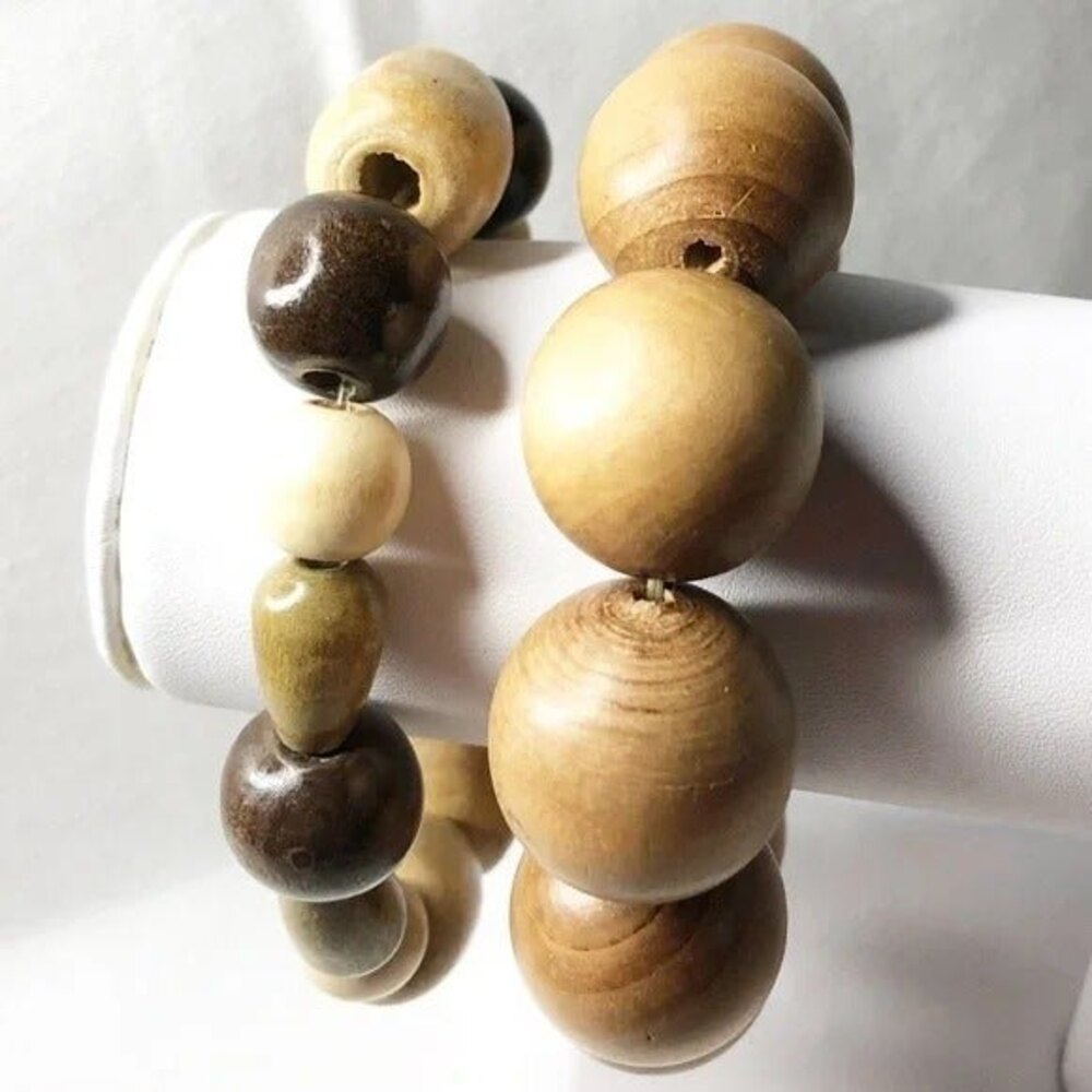 Two Chunky Wooden Bead Stretch Bracelets - Picture 2 of 9